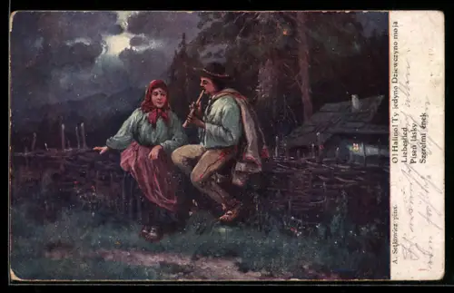 Künstler-AK sign. A. Setkowicz: Mann spielt seiner Liebsten ein Liebeslied vor