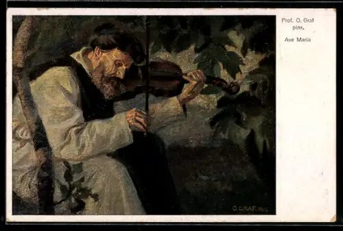 Künstler-AK sign. O. Graf: Mann spielt mit Geige das Ave Maria