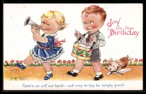 Künstler-AK sign. Kit Forres: Zwei kleine Kinder musizieren mit Trommel und Trompete
