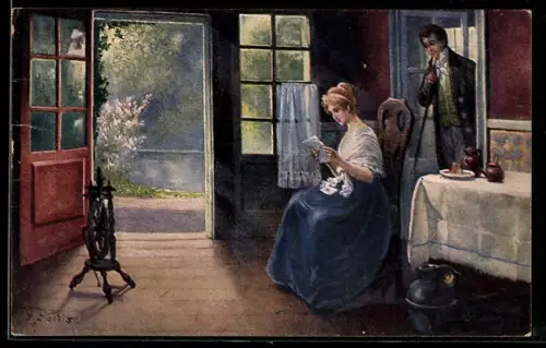 Künstler-AK sign. R. Kandis: Mann belauscht junge Frau beim Brieflesen