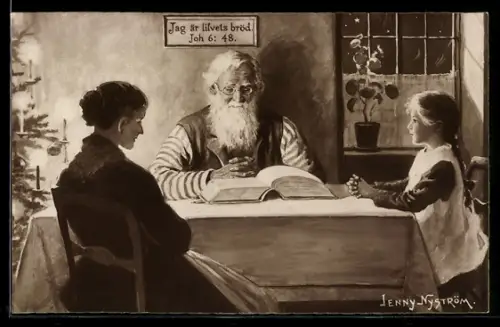 Künstler-AK sign. Jenny Nyström: Familie beim Beten