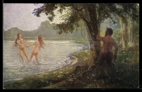 Künstler-AK Alexander Kircher: Faun beobachtet nackte Frauen im Wasser