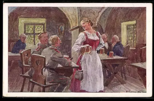 Künstler-AK sign. E. Sommavilla: Das schwarzbraune Mädel, das schwarzbraune Bier