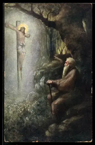 Künstler-AK sign. H. R. Seeland: Pilger am Jesuskreuz