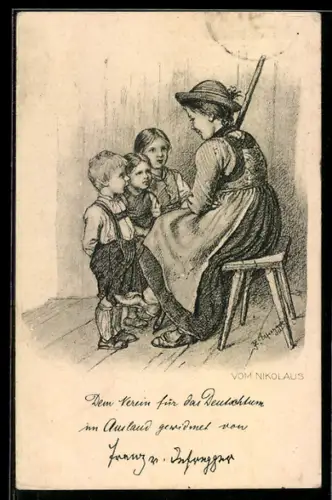 Künstler-AK sign.: vom Nikolaus, Mutter sitzt mit ihren drei Kindern in der Stube