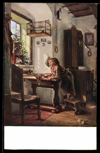 Künstler-AK sign. Frant. Dvorák: Kleiner Junge am Fenster