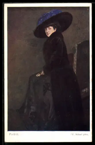 Künstler-AK sign. V. Scharf: Elegante Dame im Mantel