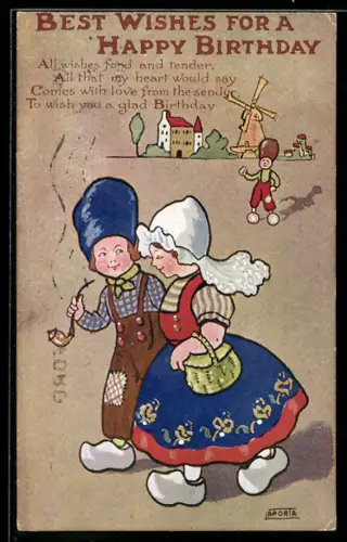 Künstler-AK sign. Laporte: Holländisches Pärchen in Holzschuhen, Im Hintergrund Windmühle