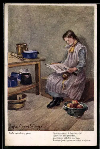 Künstler-AK sign. Sofie Arnsburg: Junge Frau liest Zeitung