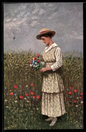 Künstler-AK sign. R. de Witt: Fräulein mit Feldstrauss