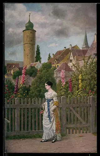 Künstler-AK sign. Fritz Stienmetz-Noris: Frau im weissen Kleid, Im Hintergrund Turm