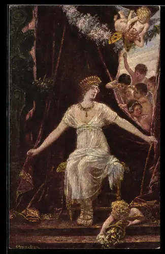 Künstler-AK sign. C. A. Geiger: Vielumworbene Frau mit Englein