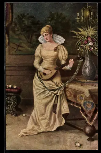 Künstler-AK sign. R. de Witt: Junge Frau spielt Lautengitarre