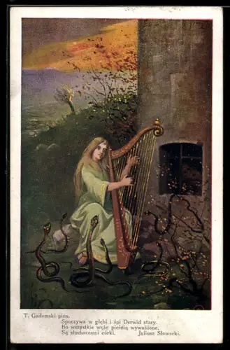 Künstler-AK sign. T. Gadomski: Frau mit Harfe und Schlangen