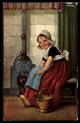 Künstler-AK sign. E. Louyot: Holländerin in Holzschuhen mit Kessel