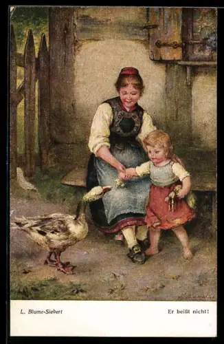 Künstler-AK sign. L. Blume-Siebert: Frau und Mädchen mit Gans