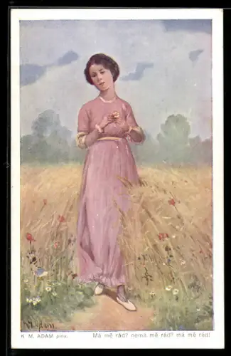 Künstler-AK sign. K. M. Adam: Junge Frau im rosafarbenen Kleid