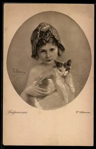 Künstler-AK sign. W. Schramm: Kind mit Katze auf dem Arm