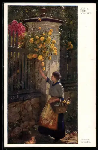 Künstler-AK sign. Jos. E. Hörwarter: Blumenfreundin am Zaun