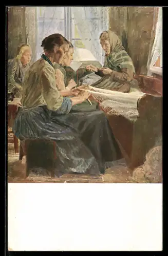 AK Fischersfrauen bei der Handarbeit in der Stube