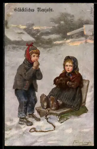 Künstler-AK sign. MüllerLinghe: Kinderpaar mit Schlitten im Schnee, Neujahrsgruss