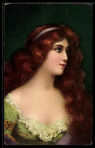 Künstler-AK G. T. Collin: Rothaariges Mädchen mit Haarreif u. offenherzigem Ausschnitt