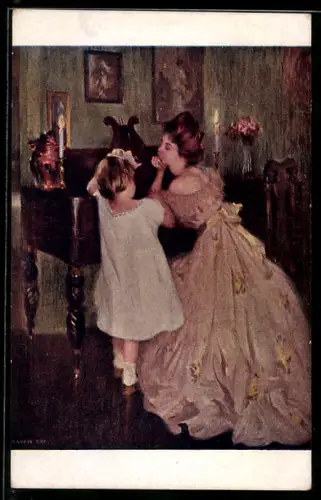 Künstler-AK sign. Francis Day: Frau mit Kind am Klavier