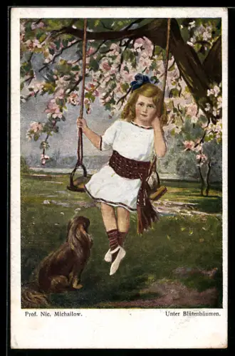 Künstler-AK sign. Prof. Nic. Michailow: Mädchen auf Schaukel mit Hund