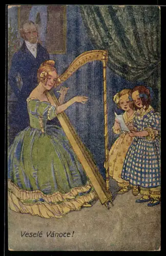 Künstler-AK sign. J. Wenig: Junge Frau spielt Harfe, Weihnachtsgruss