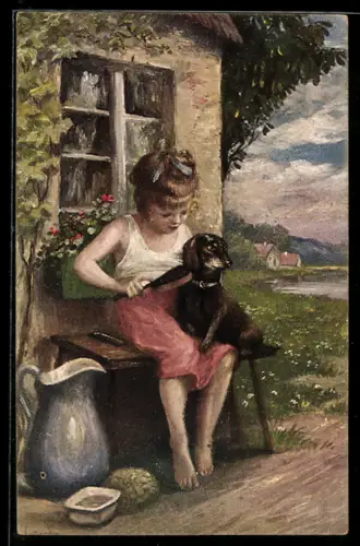 Künstler-AK sign. M. Loeske: Mädchen bürstet seinen Dackel
