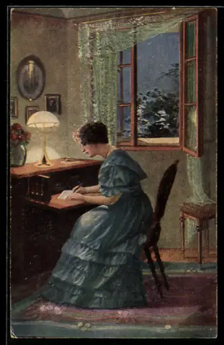 Künstler-AK sign. Krojl: Junge Frau am Schreibtisch