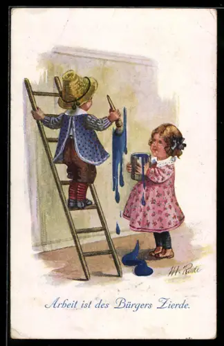 Künstler-AK sign. M. Riede: Kinderpaar malt Wand an