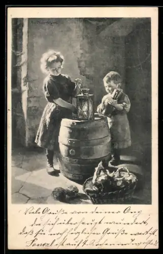 Künstler-AK sign. Wiesenholz: Kinder mit einer Laterne