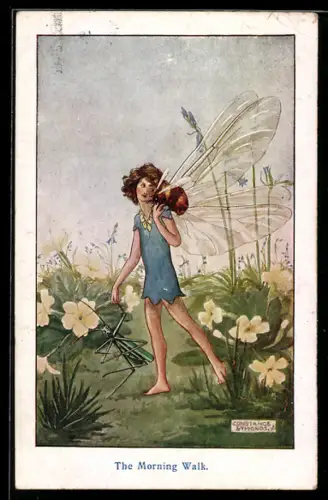 Künstler-AK sign. Constance Symonds: Elf mit Grille und Hummel