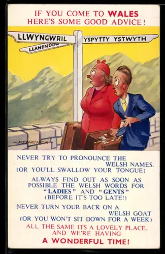 Künstler-AK sign. Fitzpatrick: Yspytty Ystwyth, Paar am Wegweiser