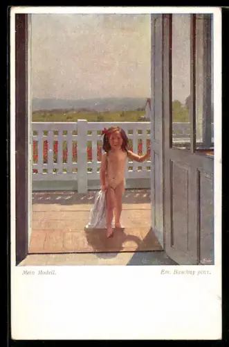 Künstler-AK sign. Em. Baschny: Kleines nacktes Mädchen in der Tür