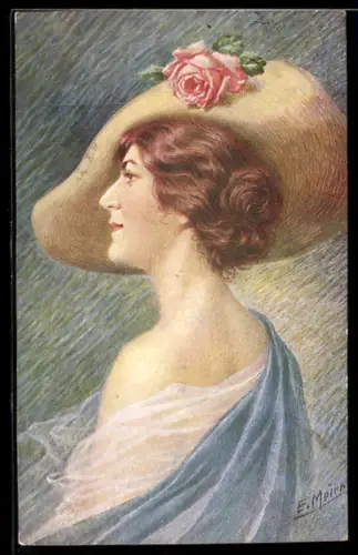 Künstler-AK sign. E. Meier: Junge Dame mit Rose am Hut