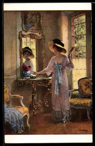 Künstler-AK sign. Ed. Gelhay: Junge Frau vor dem Spiegel