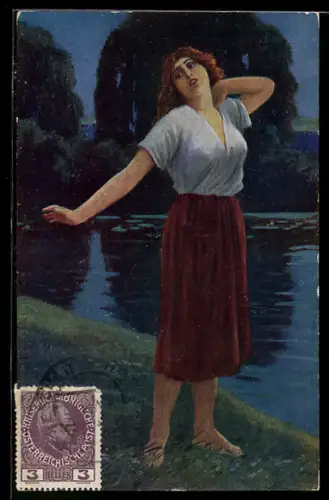 Künstler-AK sign. L. Winter: Junge Frau nachts am Ufer