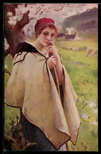 Künstler-AK sign. Ch. Lenoir: Schäferin lehnt an einem Baum