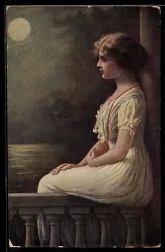 Künstler-AK sign. Kenfor: Frau im weissen Kleid bei Mondschein