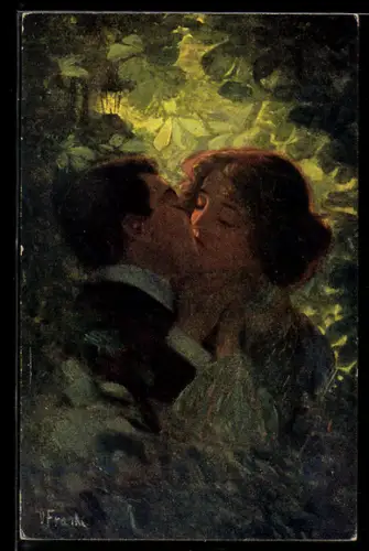 Künstler-AK sign. V. Franke: Liebespaar küsst sich