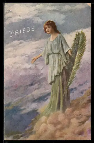 Künstler-AK Friedensengel in den Wolken mit grünem Zweig in der Hand