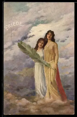 AK Friede, zwei Engel stehen auf einer Wolke mit einem Palmzweig