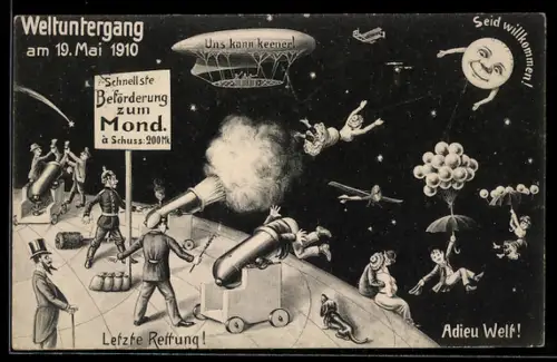 AK Zukunft, Zeppelin, Mond, Ballonfahrer, Kanone schiesst Menschen ins Weltall, Weltuntergang, 19. Mai 1910