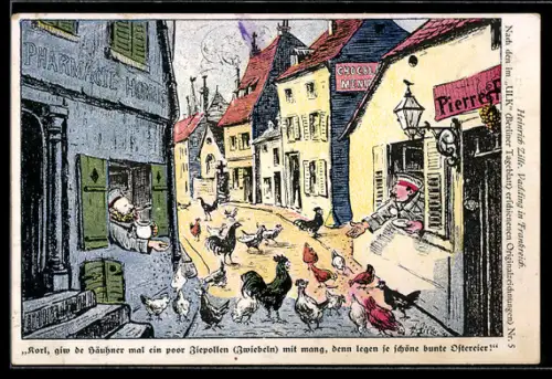 Künstler-AK Heinrich Zille: Soldaten füttern die Hühner auf der Strasse