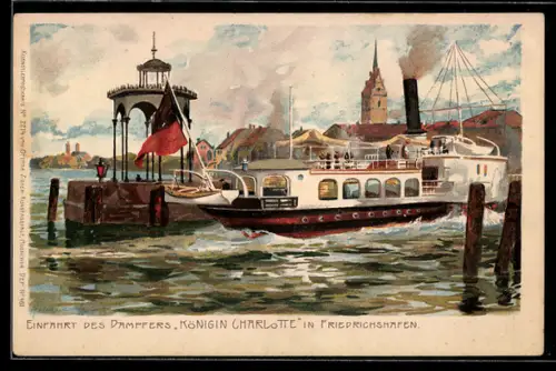 Künstler-AK Zeno Diemer: Friedrichshafen, Bodenseedampfer Königin Charlotte an der Hafeneinfahrt