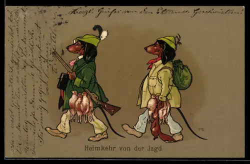 Künstler-AK F.Baumgarten: Dackel in Jagdkleidung mit Beute & Gewehr
