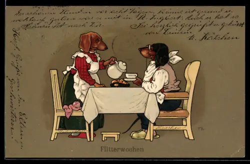 Künstler-AK F.Baumgarten: Flitterwochen, vermenschlichte Hunde am Kaffeetisch