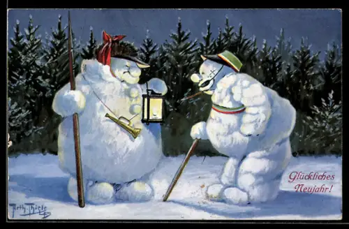 Künstler-AK Arthur Thiele: Nachtwächterschneemann und verbindungsstudentischer Schneemann in Vollcouleur mit Schmiss